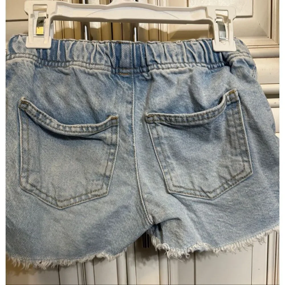 Zara Girls Elastic Waist Drawstring Frayed Denim Cut Off Short Wash Blue Size 8